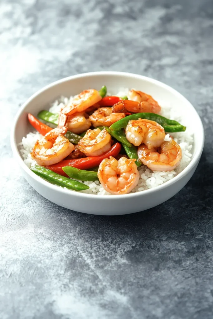 Shrimp stir-fry with glossy sauce over white rice.