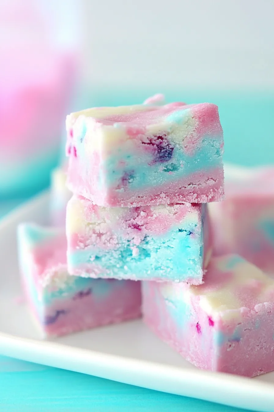 Final plated shot of soft fudge squares with whimsical cotton candy colors.