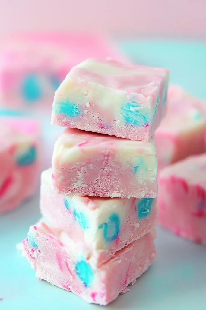 Stacked squares of pastel fudge with swirls of pink, blue, and purple on a turquoise plate.