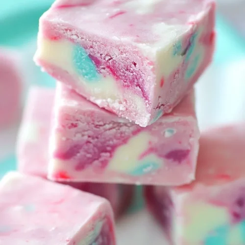 Bright fudge squares in playful shades of pink and blue, styled simply for serving.