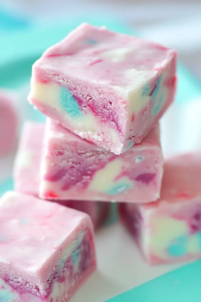 Bright fudge squares in playful shades of pink and blue, styled simply for serving.