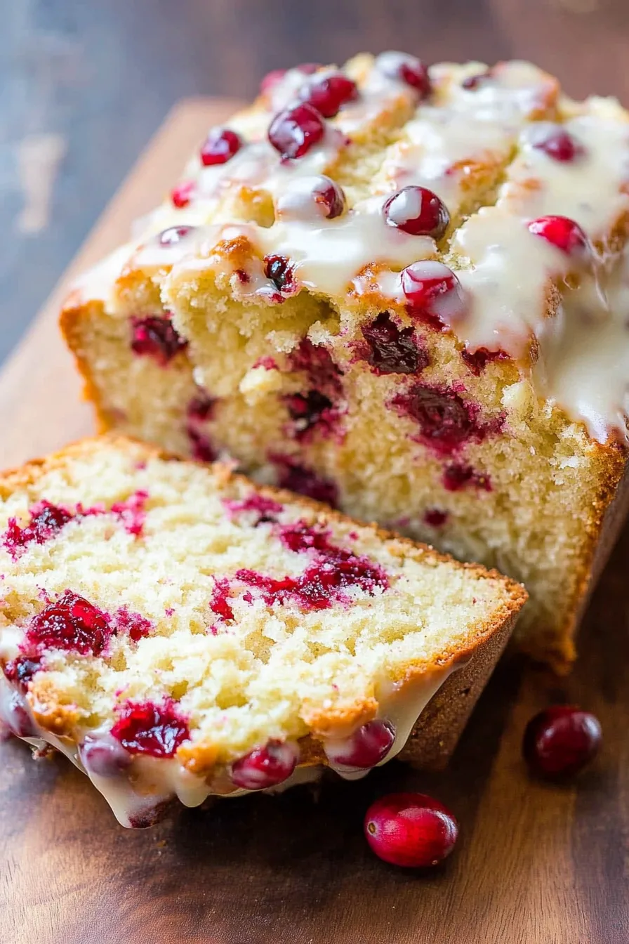 Rustic loaf surrounded by fresh cranberries and halved oranges.
