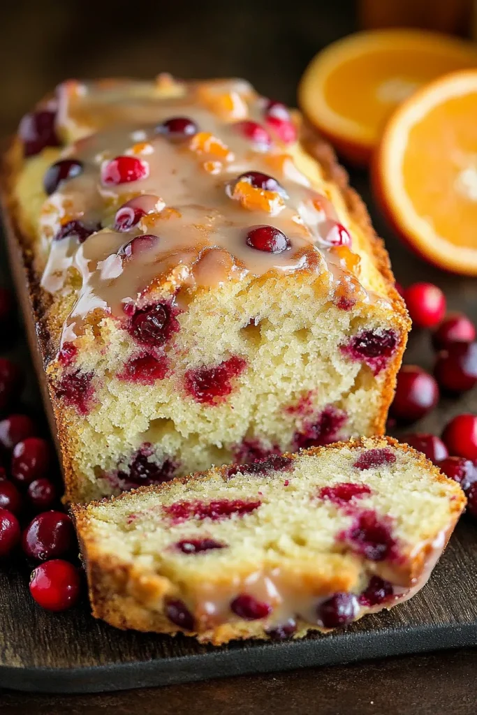 A sliced piece showing fluffy interior dotted with red cranberries.