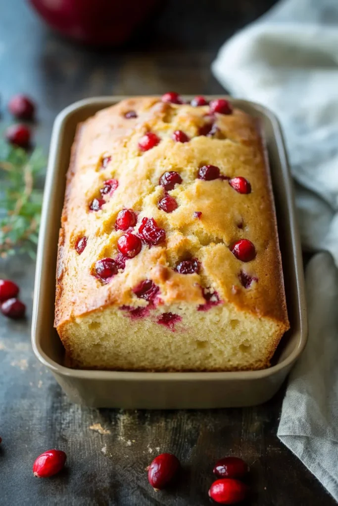 Loaf of golden bread topped with glossy orange glaze and fresh cranberries.