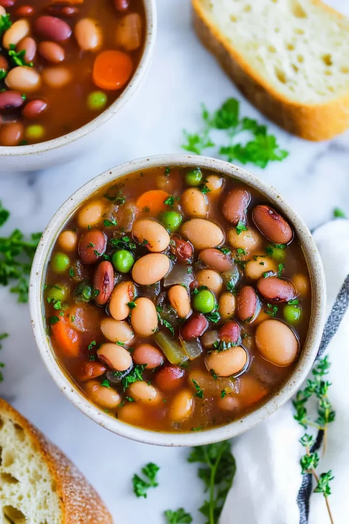 Warm, comforting bean soup served in a simple white bowl.