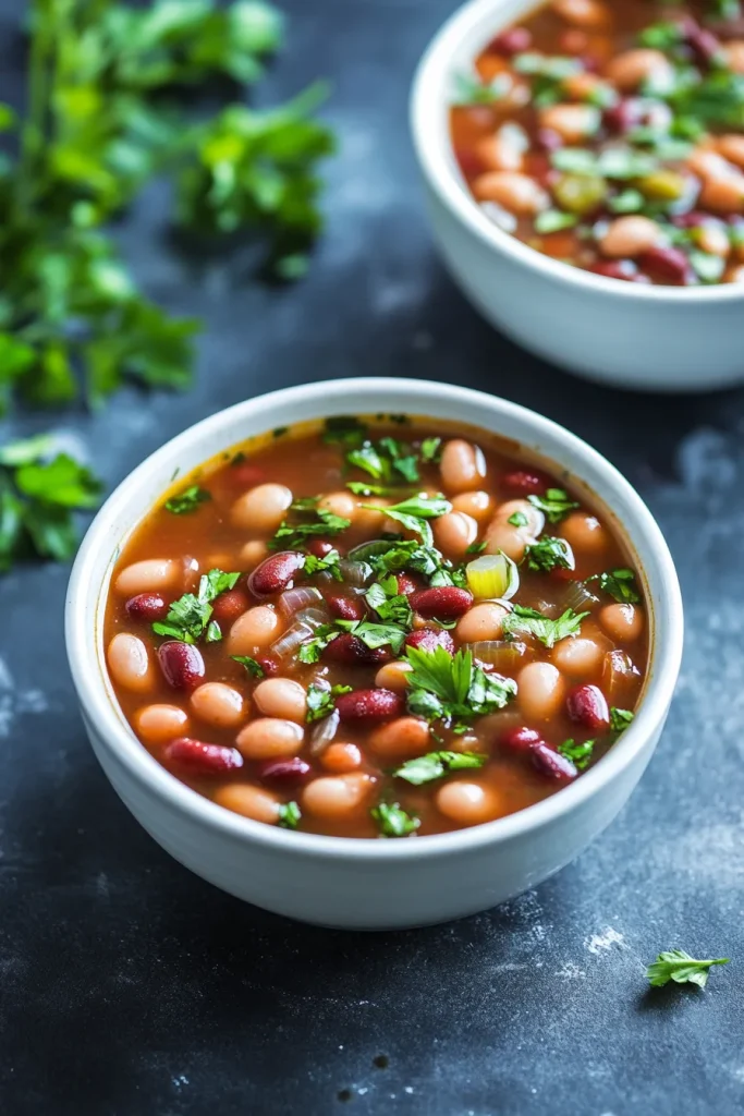 Hearty bowl of mixed beans and vegetables in rich broth.