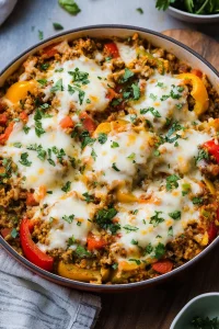 Round pan filled with hearty pepper and meat mixture, garnished with parsley.