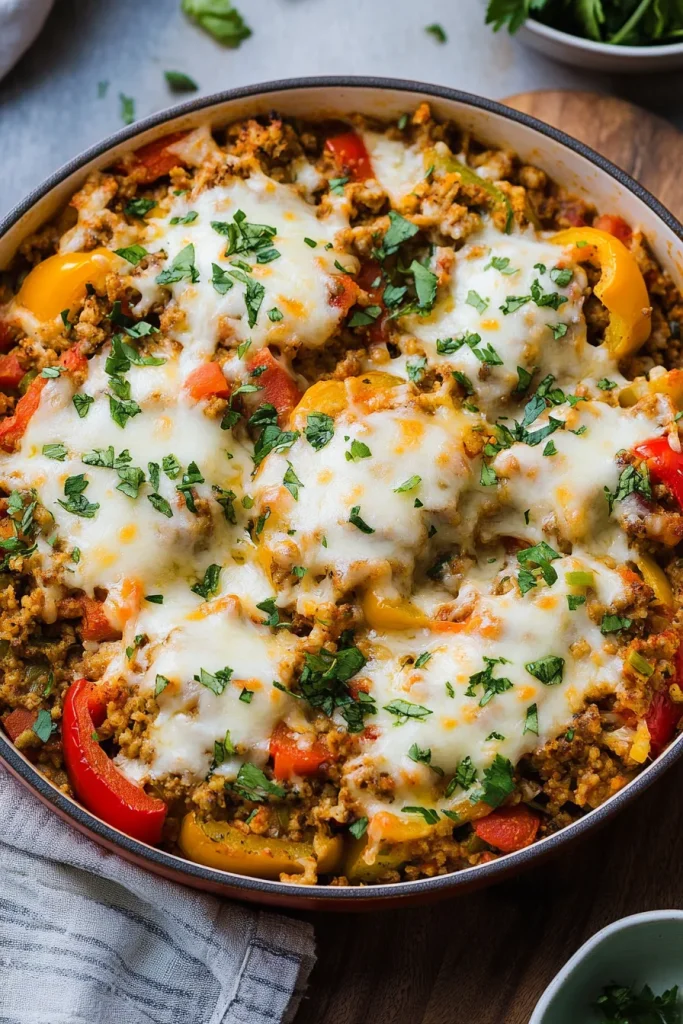 Round pan filled with hearty pepper and meat mixture, garnished with parsley.
