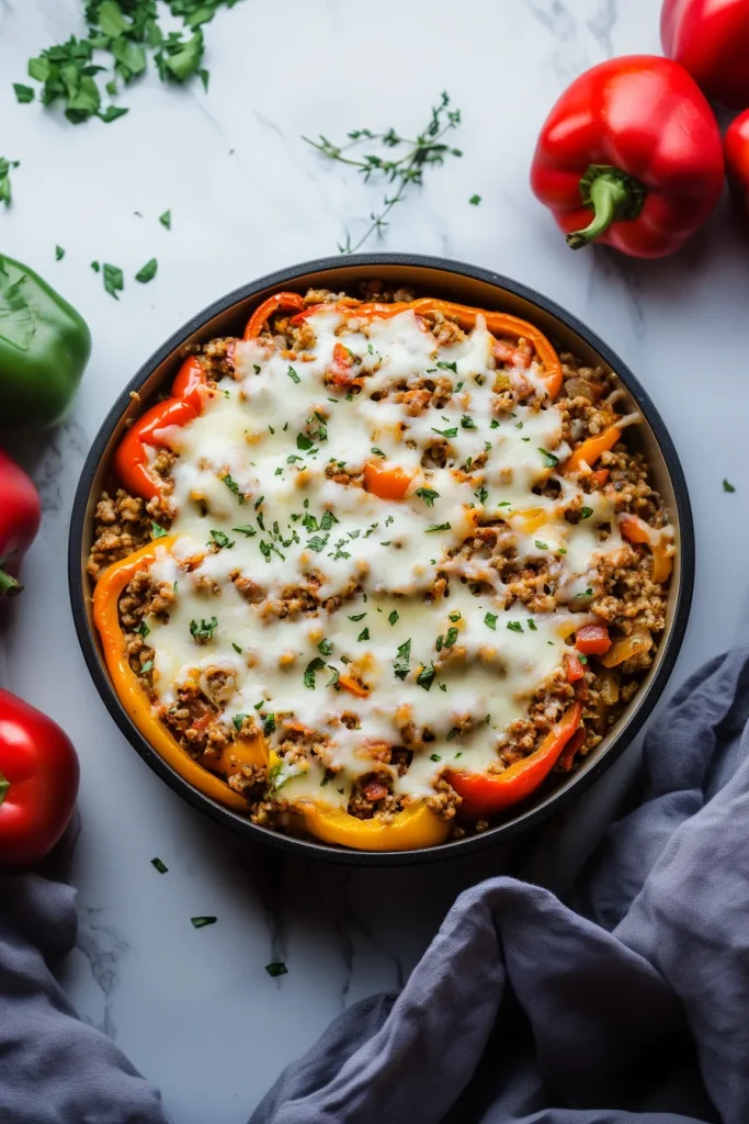 Bubbly casserole with melted cheese, colorful peppers, and fresh herbs on top.