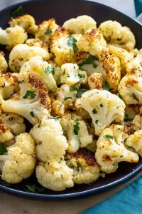 Golden roasted cauliflower florets with crisp edges and fresh herb garnish