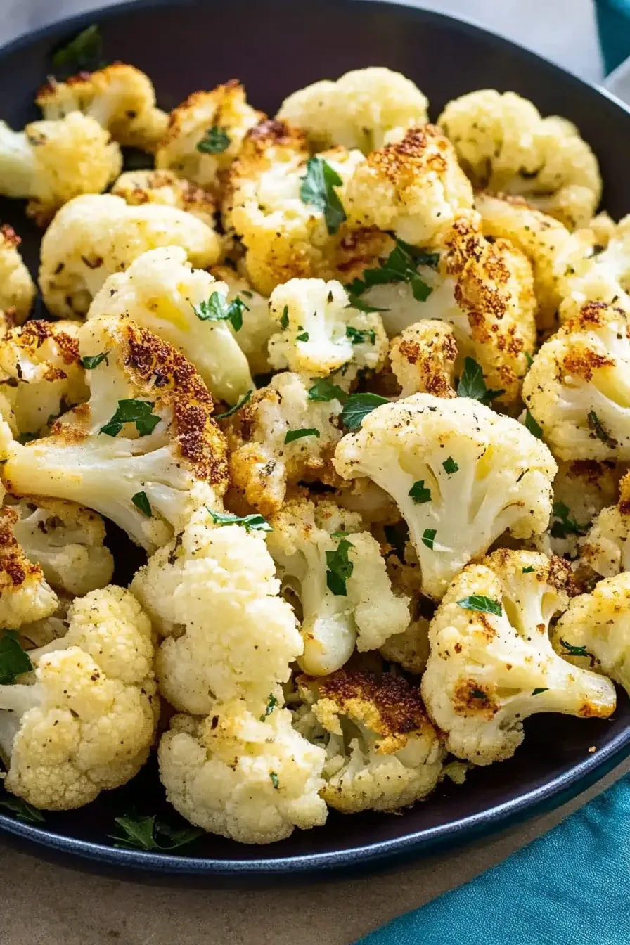 Golden roasted cauliflower florets with crisp edges and fresh herb garnish