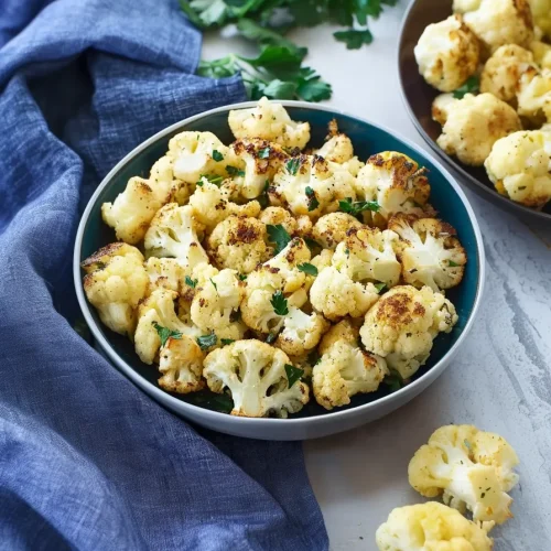 Dark bowl filled with roasted cauliflower served on a rustic surface