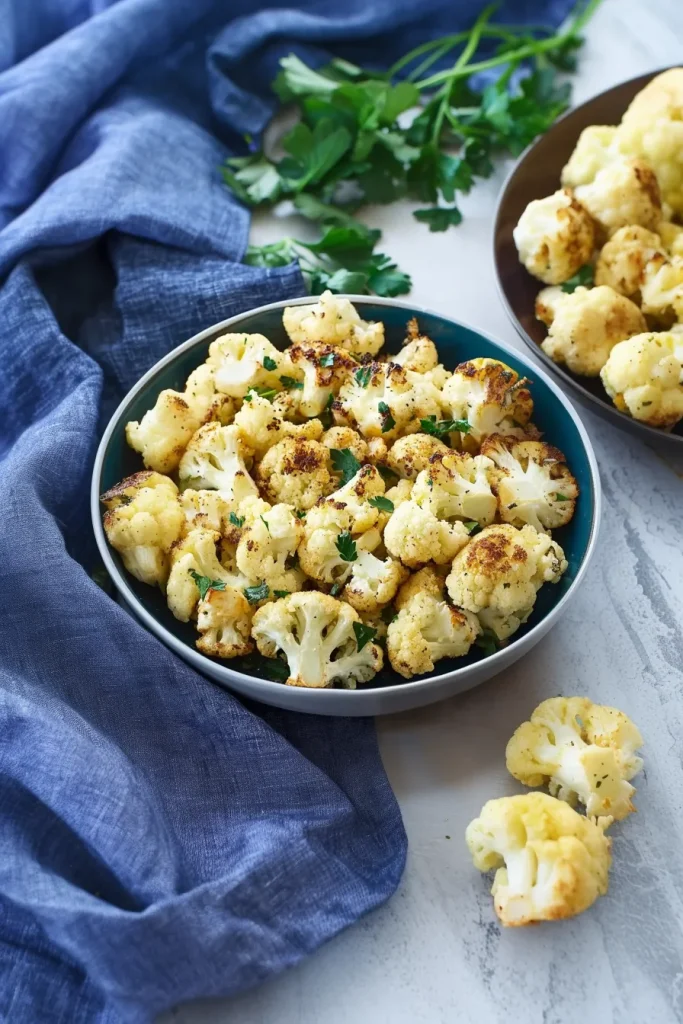 Dark bowl filled with roasted cauliflower served on a rustic surface