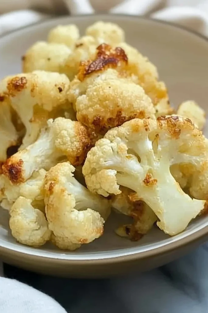 Close-up of cauliflower pieces showing browned texture and sprinkled parsley