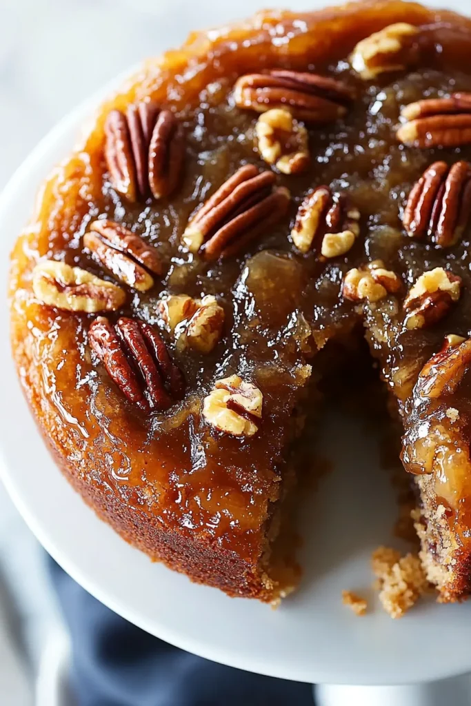 Rich nut-studded cake with syrupy glaze catching the light