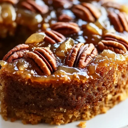 Golden cake topped with glossy caramel glaze and whole pecans on a serving plate