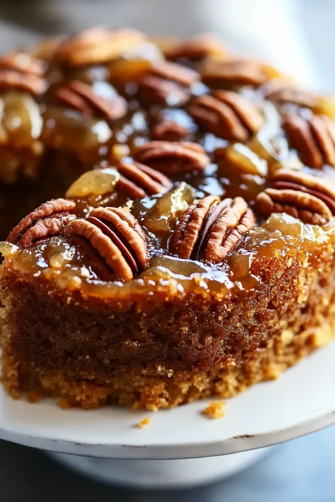 Golden cake topped with glossy caramel glaze and whole pecans on a serving plate