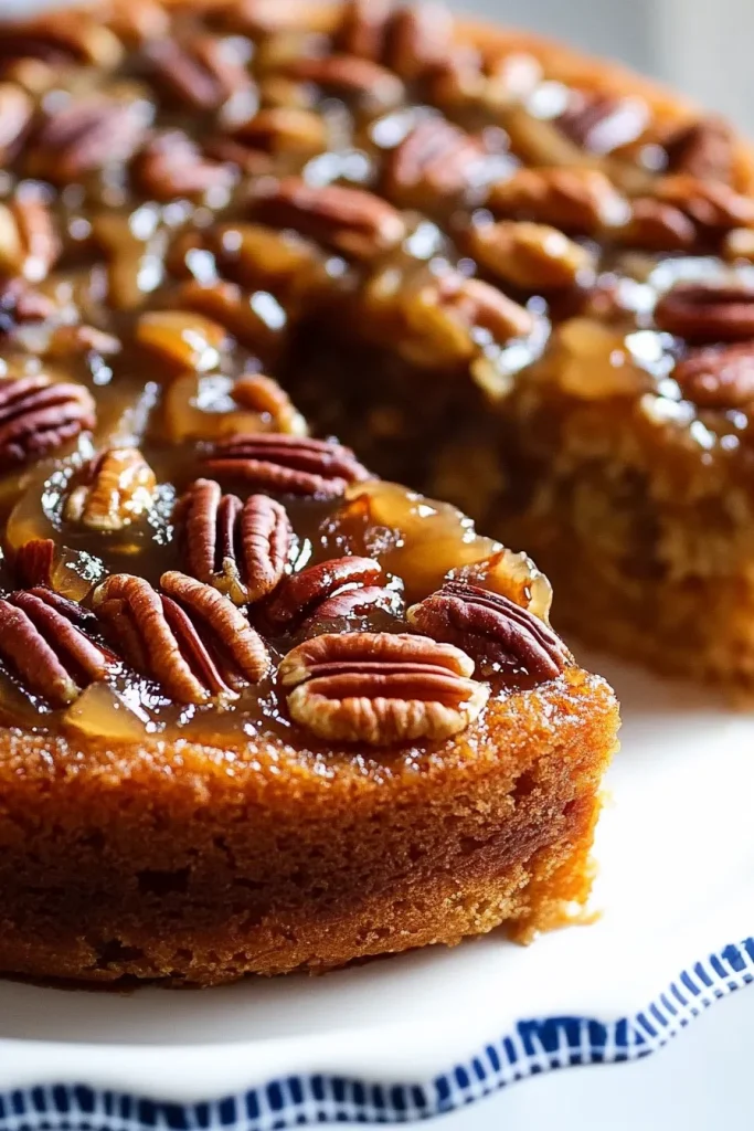 Close-up of moist pecan cake slice showing dense crumb and shiny topping