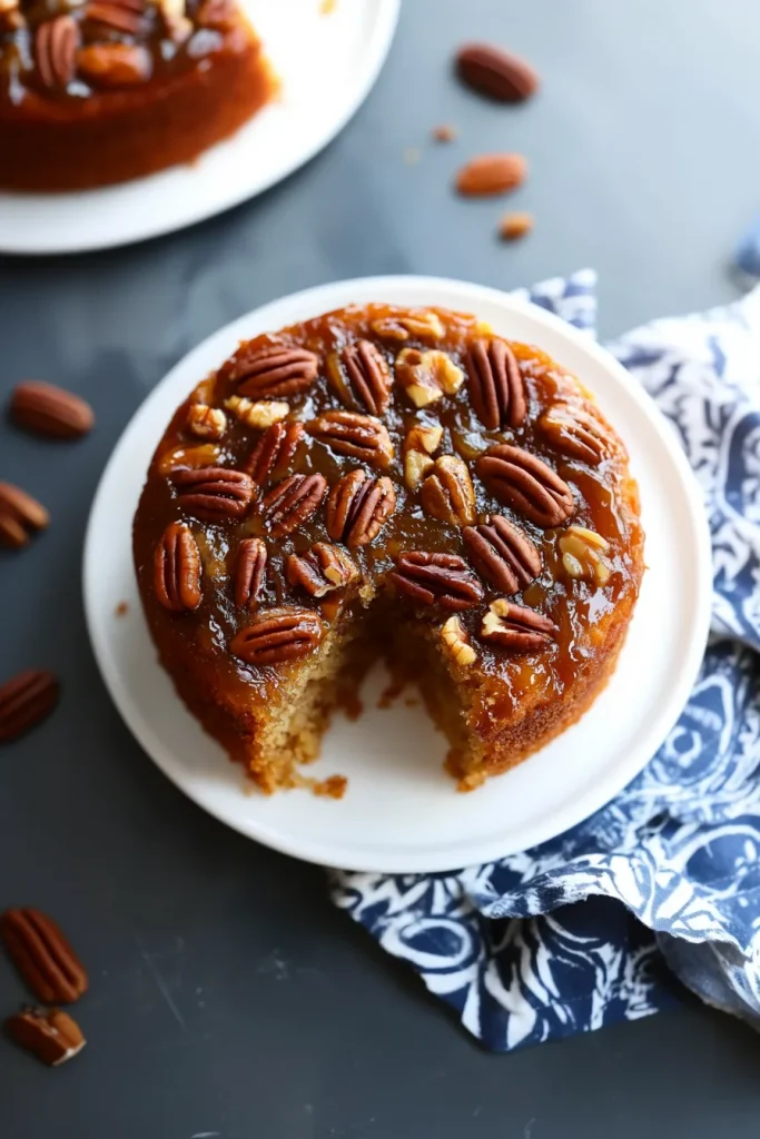 Final presentation of pecan cake, decorated with pecan halves and caramel drizzle