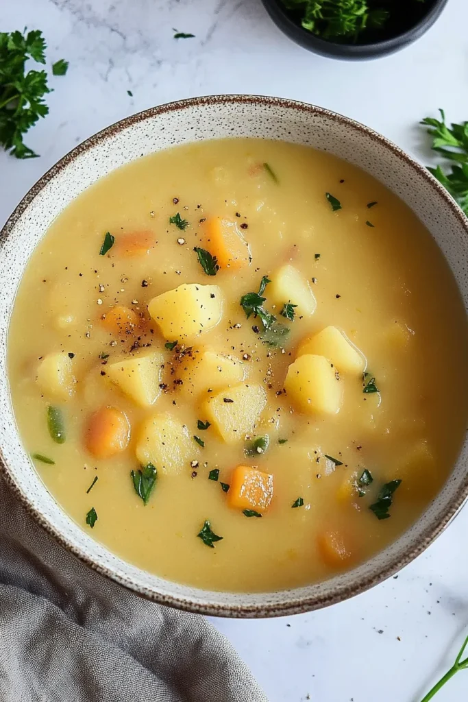 Comforting homemade soup with visible potato pieces and rich creamy texture