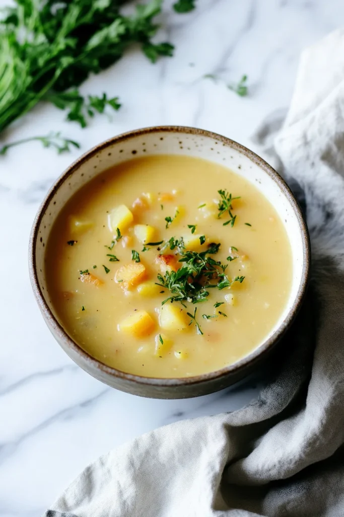 Final serving of warm potato-based soup with parsley leaves nearby