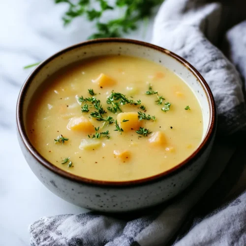 Rustic soup presentation showing thick yellow broth and tender vegetables