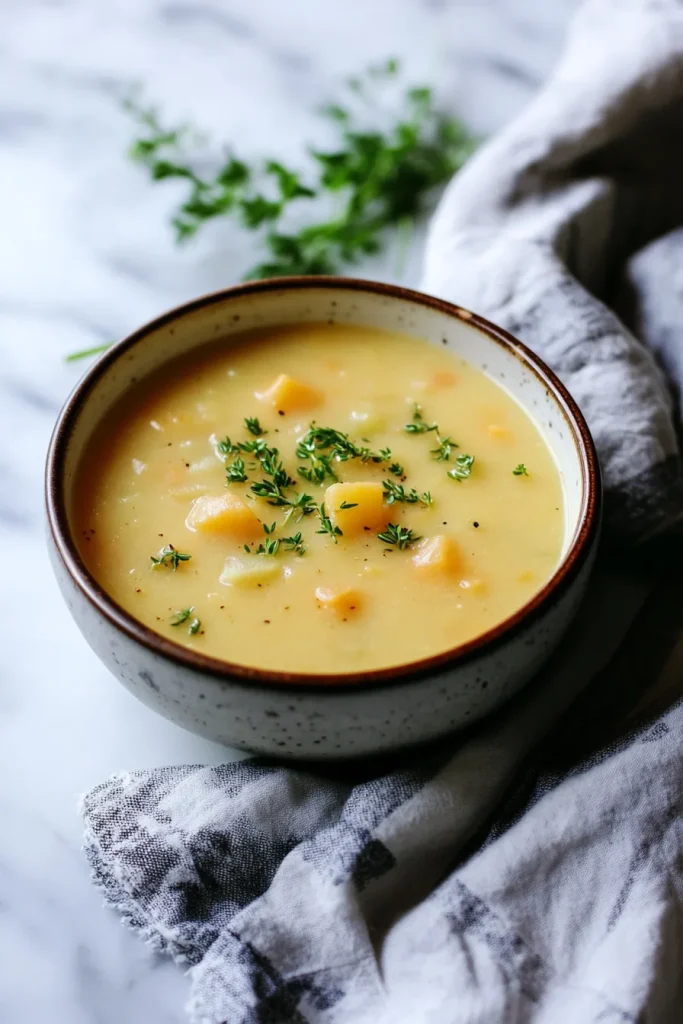 Rustic soup presentation showing thick yellow broth and tender vegetables