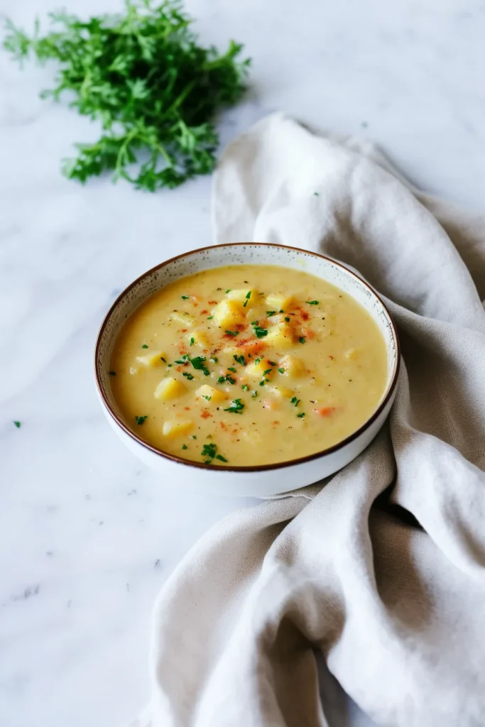 Bowl of creamy vegetable soup with chunks of potato, carrot, and parsley garnish