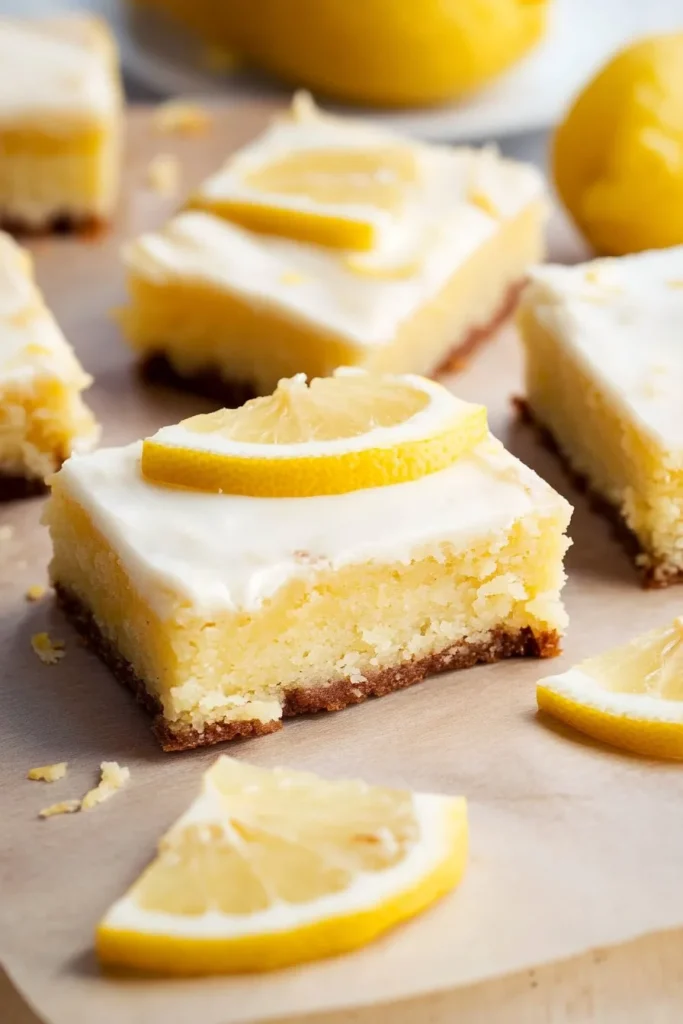 Square lemon dessert bar with glossy white glaze and fresh lemon slice garnish