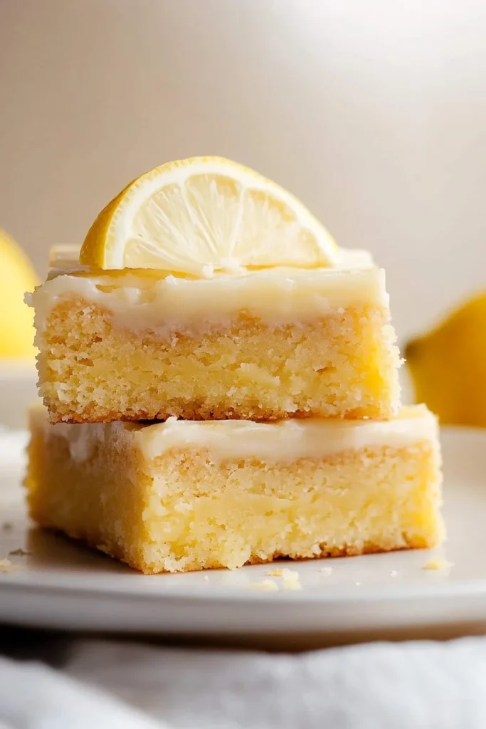 Stacked lemon bars showing crumbly crust, soft filling, and citrus garnish