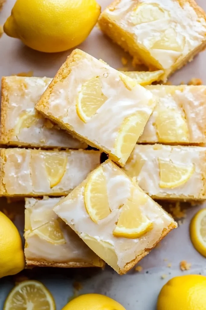 Final presentation of bright lemon dessert squares with shiny glaze catching the light