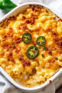 White ceramic dish filled with bubbling mac and cheese, garnished with fresh herbs.