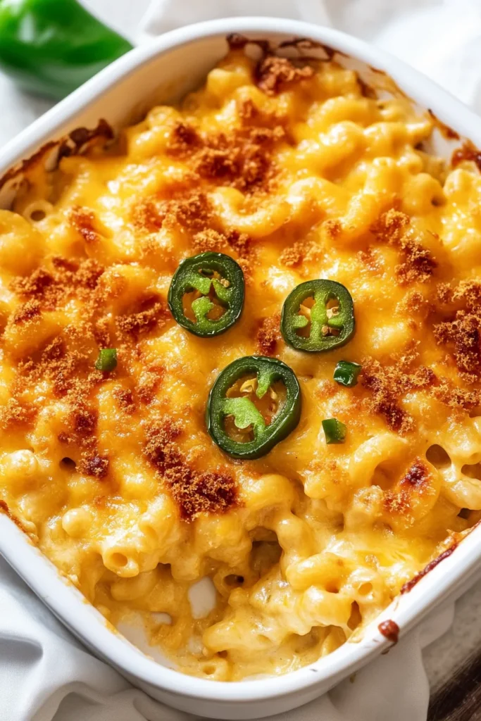 White ceramic dish filled with bubbling mac and cheese, garnished with fresh herbs.