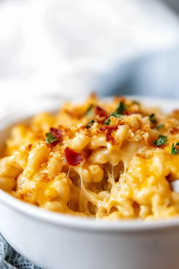 Close-up of gooey macaroni coated in melted cheese with spicy pepper slices peeking through.