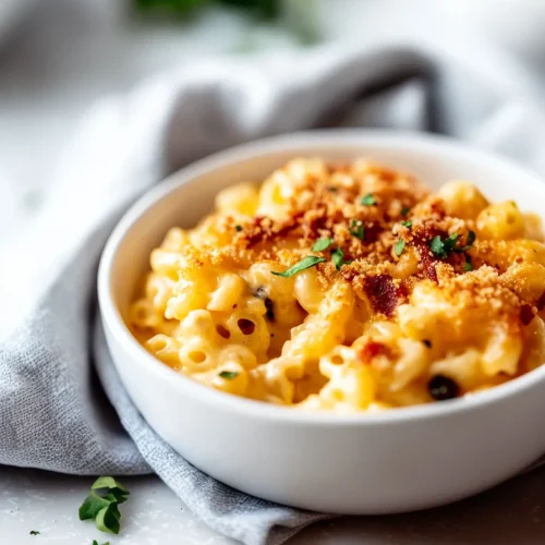 A creamy bowl of baked pasta topped with golden breadcrumbs and flecks of green jalapeño.