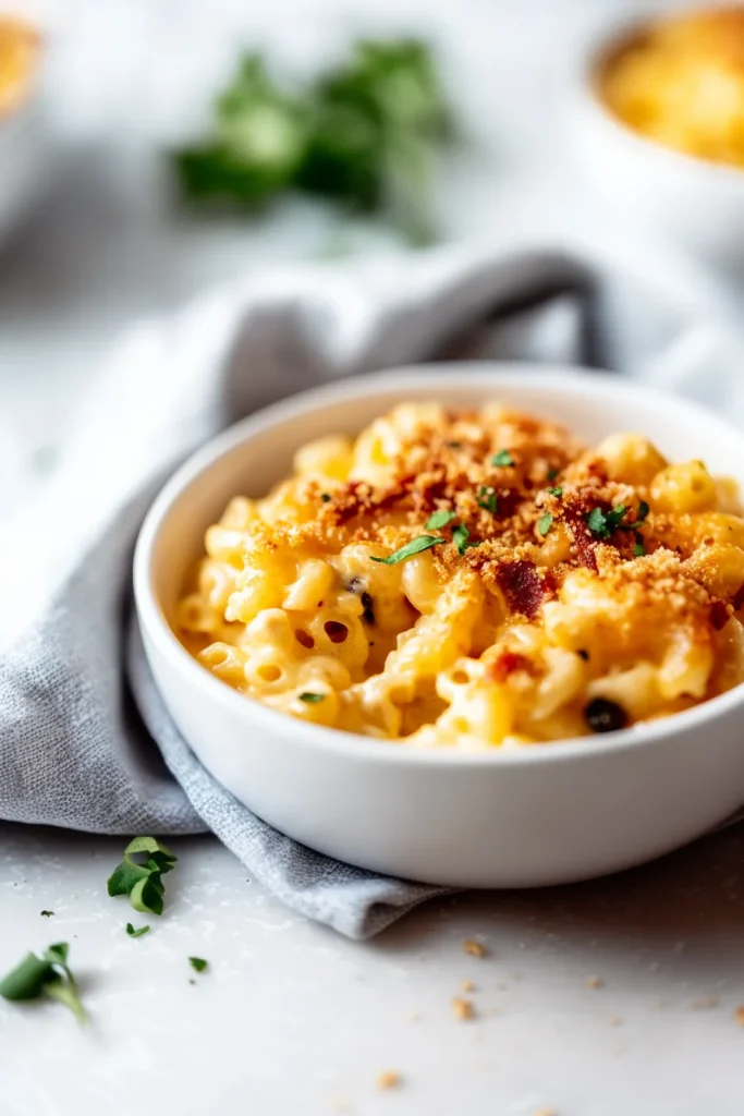 A creamy bowl of baked pasta topped with golden breadcrumbs and flecks of green jalapeño.