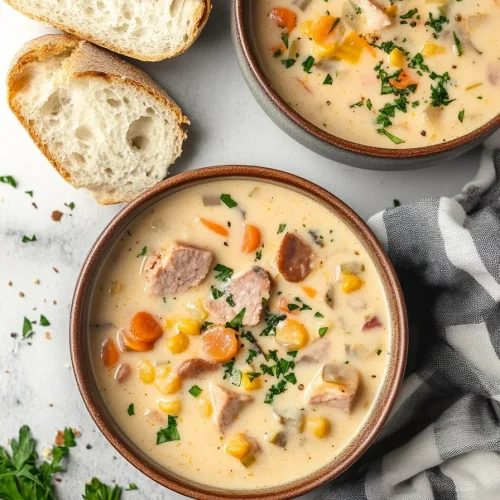 Rustic soup served with bread on the side, highlighting vibrant colors.