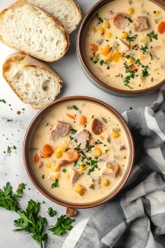 Rustic soup served with bread on the side, highlighting vibrant colors.