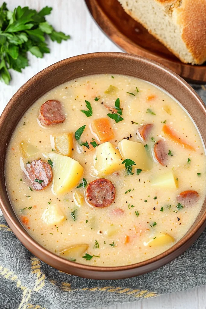 Bowl of creamy soup with sliced sausage, potatoes, and fresh parsley garnish.
