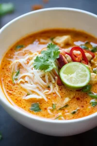 Hearty noodle soup garnished with cucumber and cilantro.