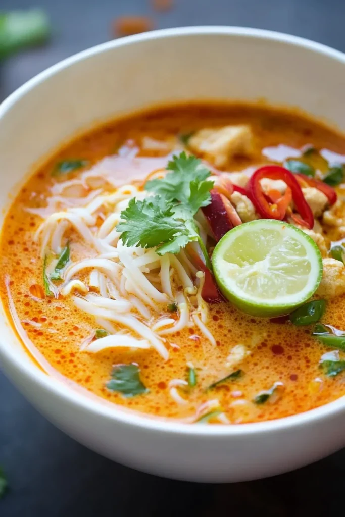 Hearty noodle soup garnished with cucumber and cilantro.