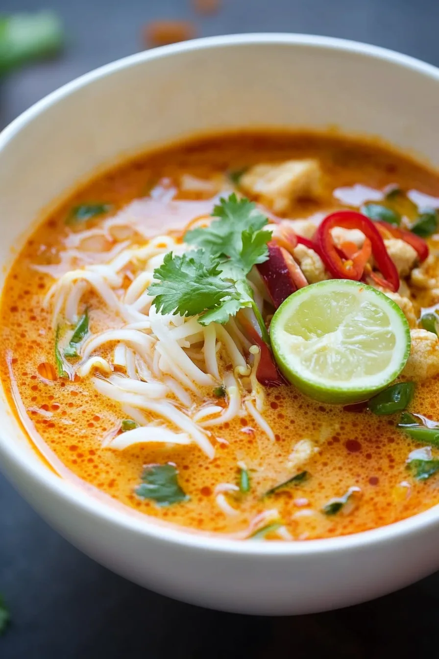 Hearty noodle soup garnished with cucumber and cilantro.
