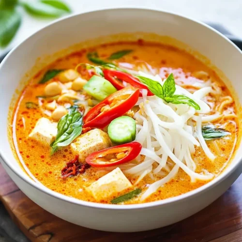 Rich orange broth with rice noodles and fresh herbs.