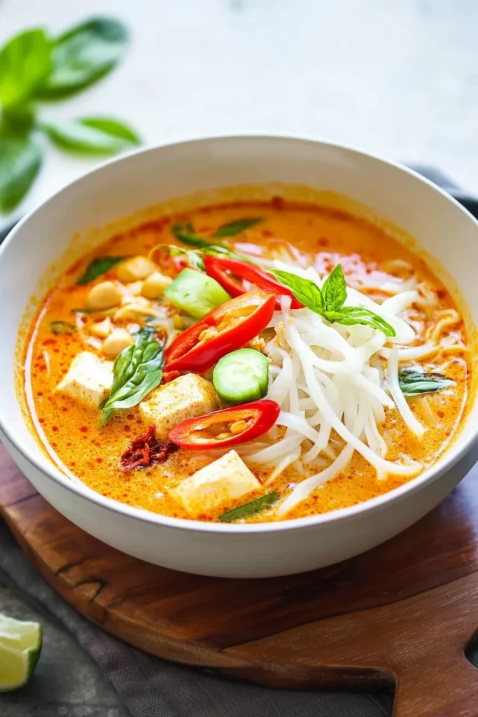 Rich orange broth with rice noodles and fresh herbs.