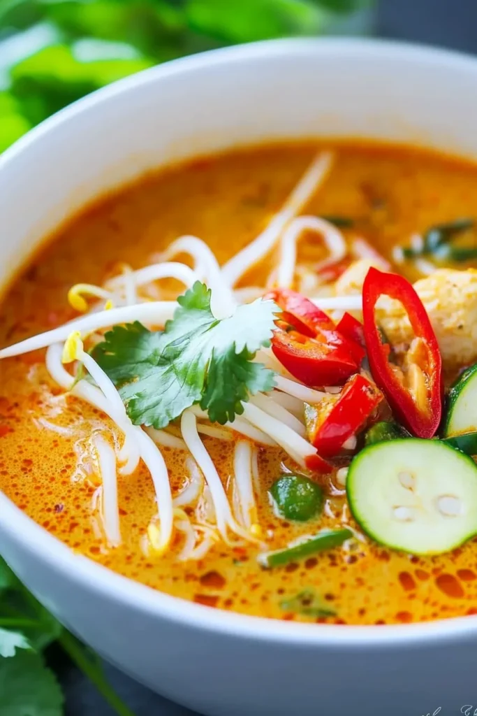 Comforting Asian-style soup with colorful vegetables.