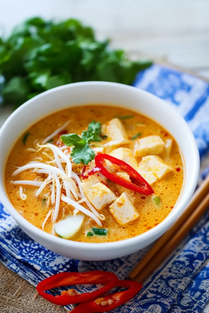 Bowl of spicy noodle soup with vibrant toppings.