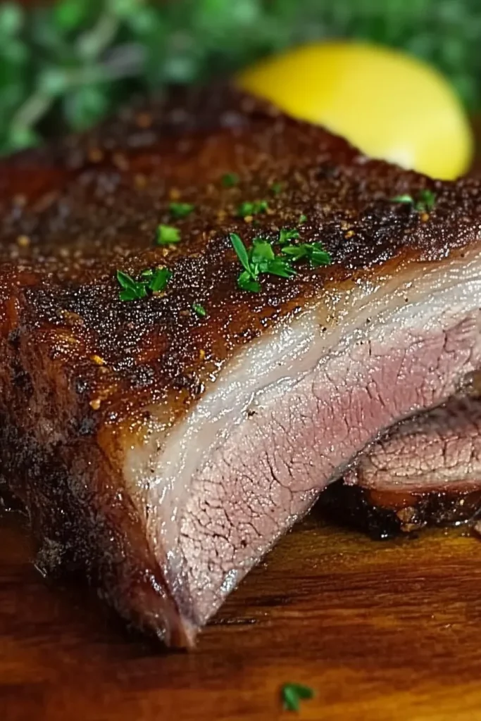 Thick slice of roasted lamb with dark crust and juicy interior on a wooden board