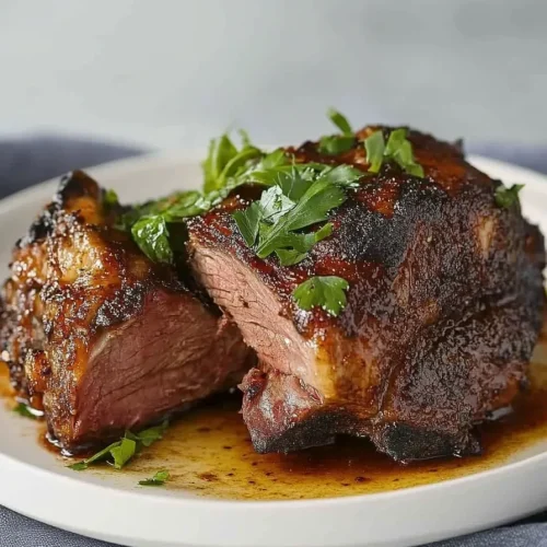 Rustic presentation of lamb cut with charred edges and fresh parsley sprinkled on top