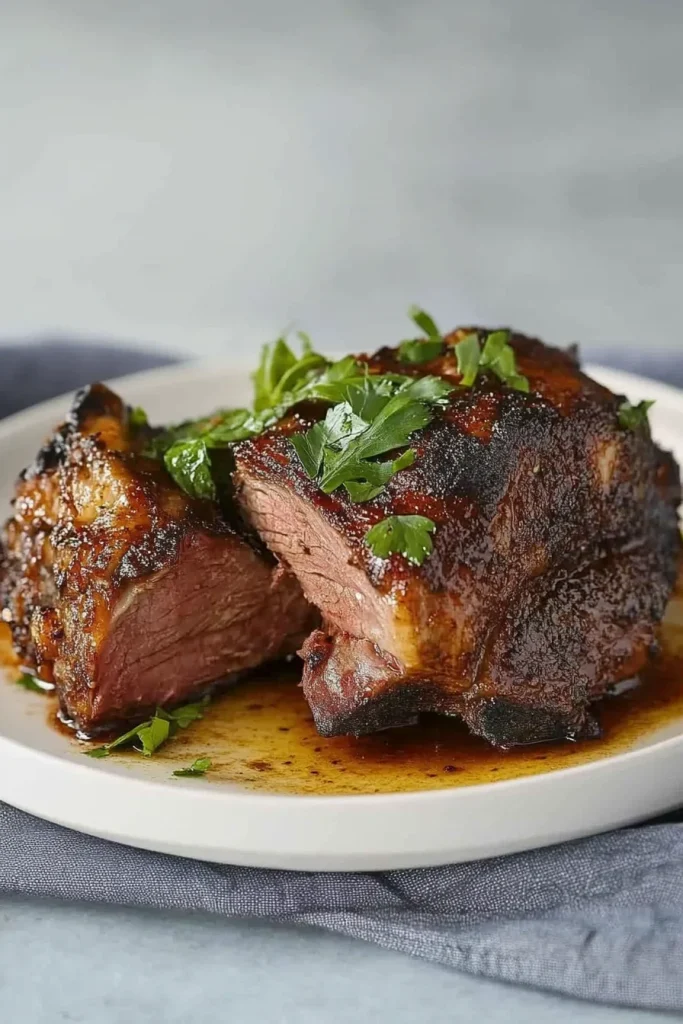 Rustic presentation of lamb cut with charred edges and fresh parsley sprinkled on top