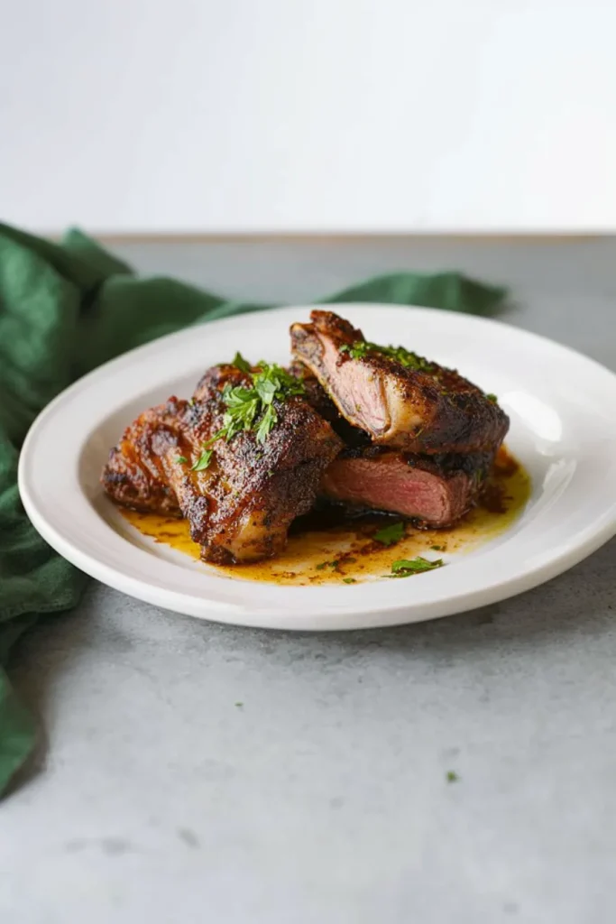 Juicy lamb slice resting on cutting board with lemon and herbs in background